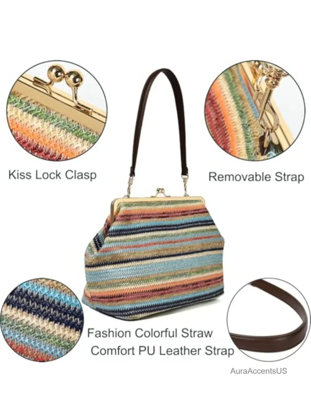 Kiss Lock Frame Handbag, PU Leather Shoulder Tote Hobo Clutch Purse for Women
